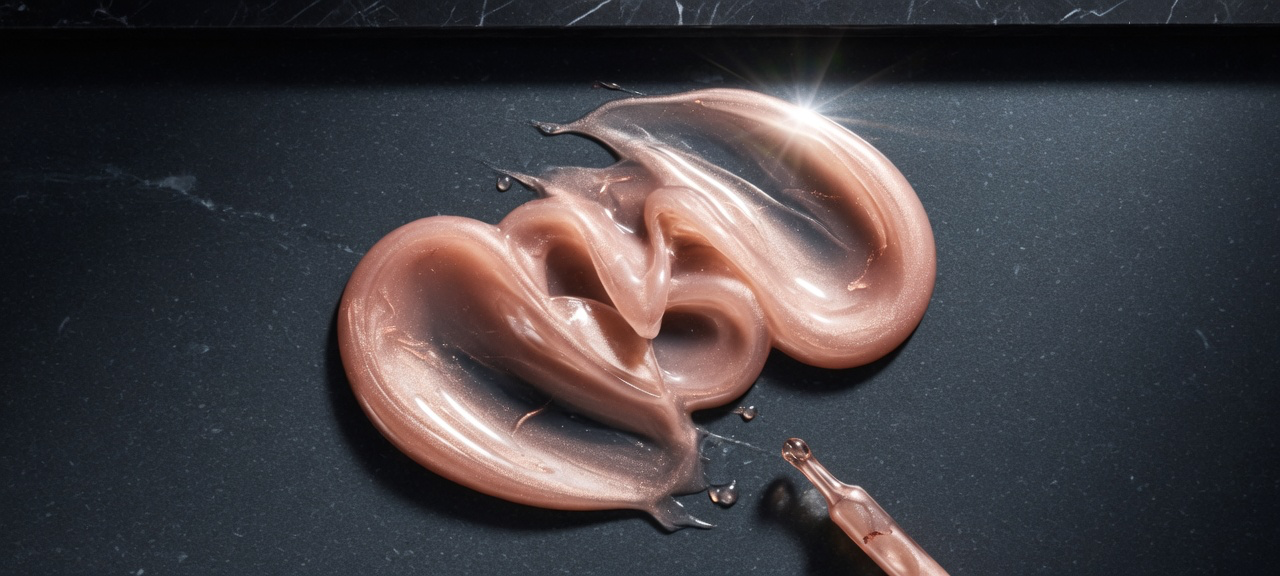 Rose-gold peptide serum swirl on dark slate
