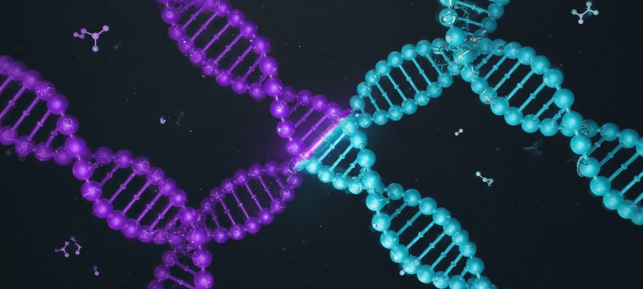 Two interlocking molecular chains cyan and purple