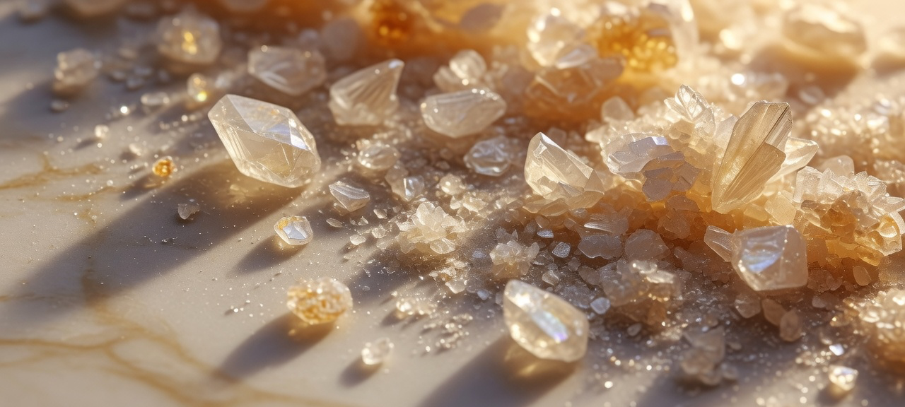 Collagen powder crystals under warm studio light