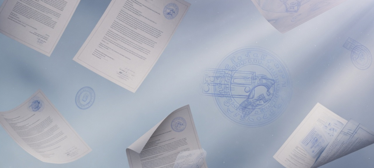 Abstract regulatory documents in soft blue light