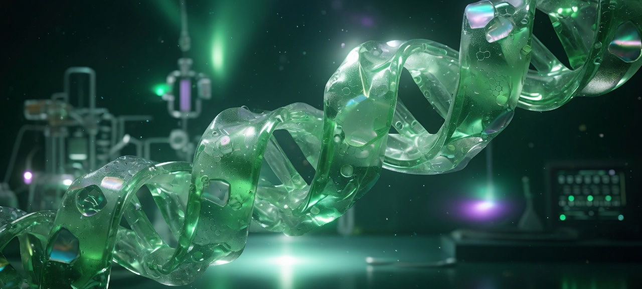 Emerald helical abstract form with soft lab glow