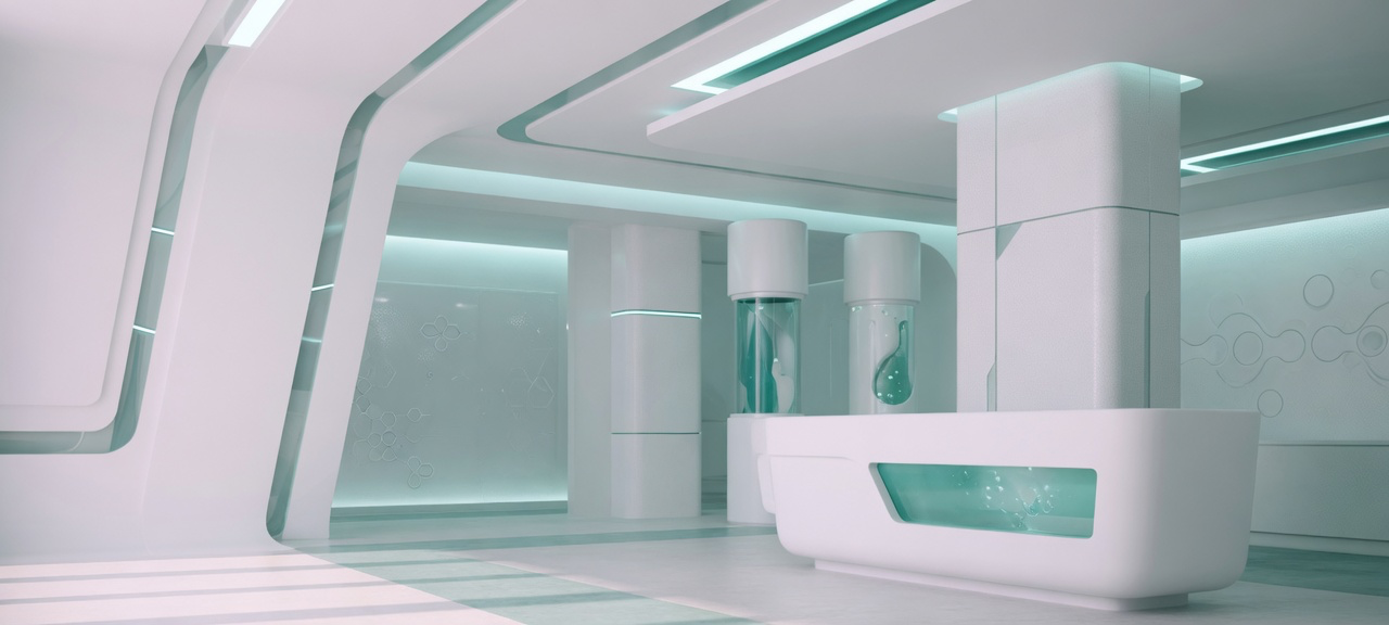 Calm clinic architecture with teal accent light