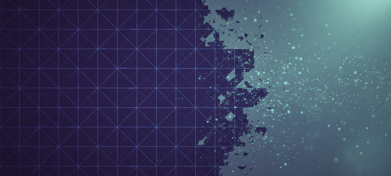 Indigo data grid dissolving into teal particles