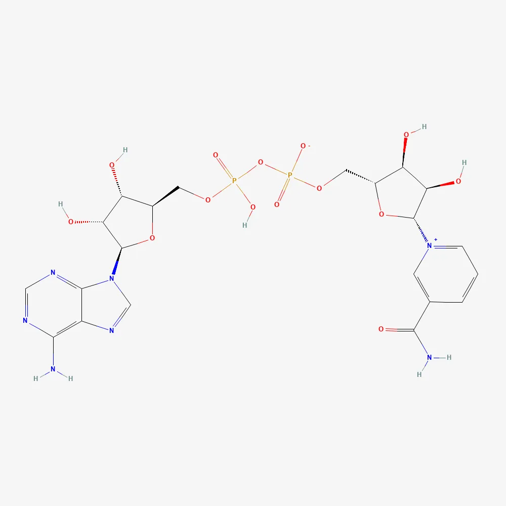 2D chemical structure of NAD+ (injection), C21H27N7O14P2