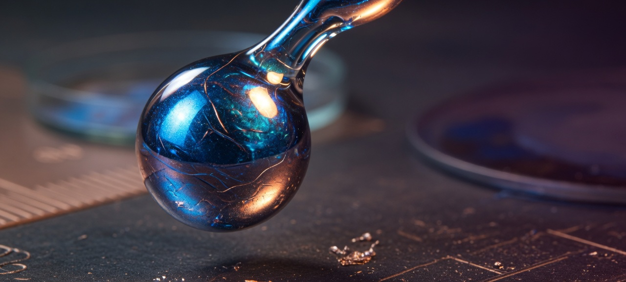Copper peptide serum droplet with blue-copper sheen
